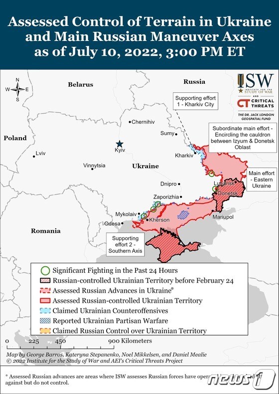 2022년 7월 10일 기준 우크라이나 전황. 미 전쟁연구소(ISW). © 뉴스1