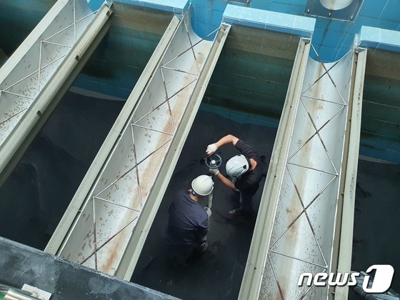 용인정수장 관계자들이 유충이 있는지 확인하기 위해 활성탄 여과지에서 수돗물 샘플을 채취하고 있는 모습.(용인시 제공) © News1  
