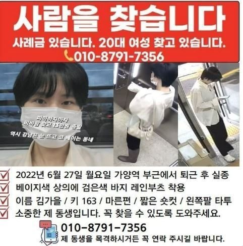 김가을씨 실종 전단. (온라인 커뮤니티 갈무리) © 뉴스1