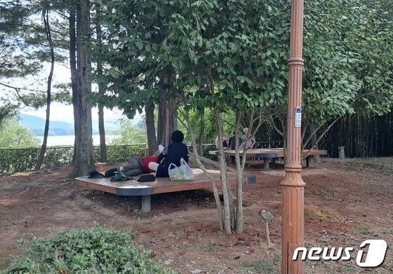 진주 남강댐 노을공원에서 나들이객들이 더위를 피해 나무 그늘에서 휴식을 취하고 있다. ©뉴스1 김대광 기자