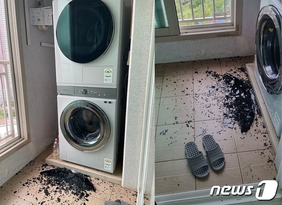 지난 11일 한 가정집 다용도실에서 폭발한 삼성 세탁기. (온라인 커뮤니티 갈무리) © 뉴스1