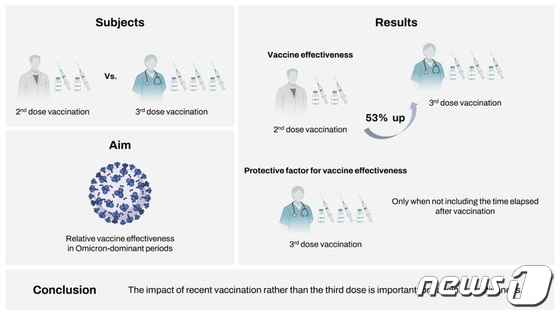 코로나19 백신 3차 접종을 하면 2차 접종만 한 경우보다 감염 예방효과가 53% 높다는 연구결과가 나왔다. 연구 모식도 (송준영 고대구로병원 교수팀 제공)