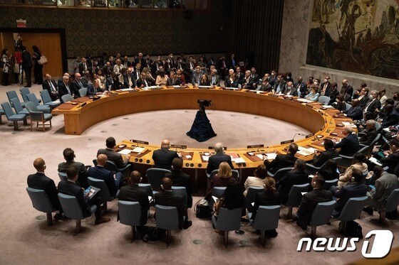 22일(현지시간) 뉴욕 유엔 본부에서 열린 제77차 유엔 총회 중 우크라이나 사태를 논의하는 안보리 회의가 개최되고 있다. © AFP=뉴스1 © News1 우동명 기자