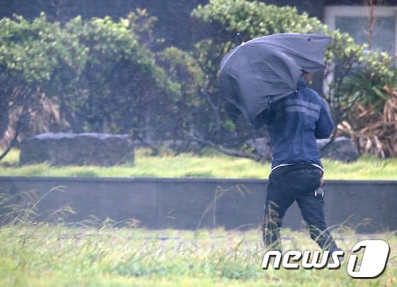 강풍에 힘겹게 걸어가는 시민(사진 이미지 기사와 관련 없음)/뉴스1 © News1