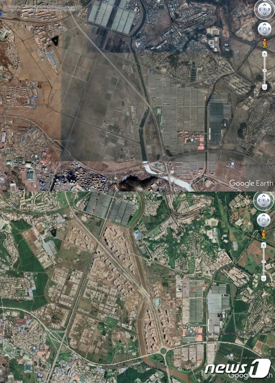 구글어스 위성사진에 포착된 북한 화성지구 건설 현장 모습. (자료=구글어스)© News1