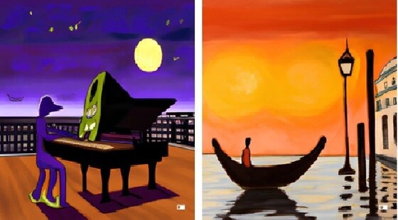 첫 작품 : 마티스풍의 월광 소나타(왼쪽), 연말연하장 : 베니스에서의 일몰 