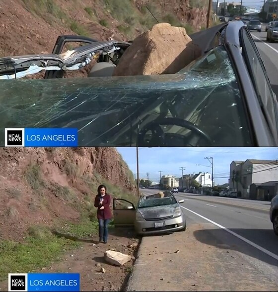 산에서 굴러온 거대한 바위가 말리부 주민 마우리시오 헤나오의 차량 지붕 정면으로 떨어지며 차량이 반파됐다. (KCAL 뉴스)