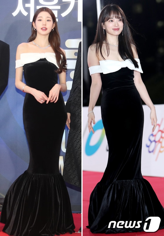 아이브의 장원영(왼쪽)과 배우 천우희가 같은 드레스로 서로 다른 매력을 발산했다. © News1 권현진 기자