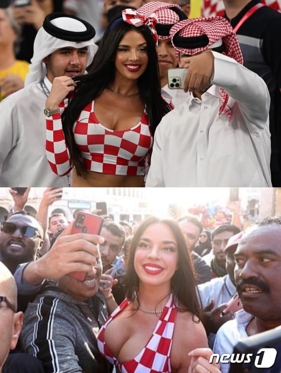 지난해 카타르 월드컵 당시 놀과 함께 사진을 찍기 위해 몰려든 현지 남성들. (이바나 놀 인스타그램)