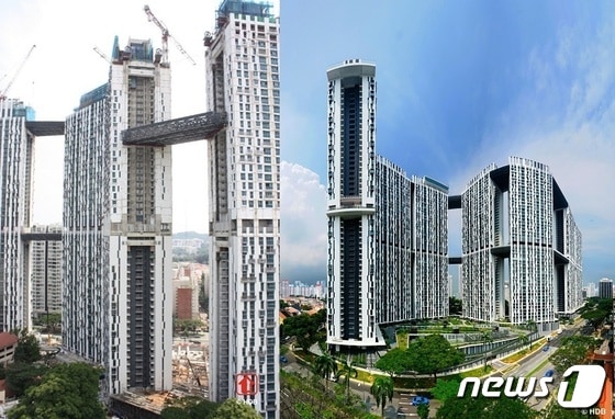선진 PC공법의 일종인 APCS(Advanced Precast Concrete System)를 활용해 지은 싱가포르의 피나클 듀스톤(Pinnacle@Duxton)의 공사 당시 모습(왼쪽)과 준공 후 모습. 사진은 싱가포르의 공공아파트 공급을 담당하는 HDB(주택개발청·Housing and Development Board) 홈페이지 소개란 발췌.