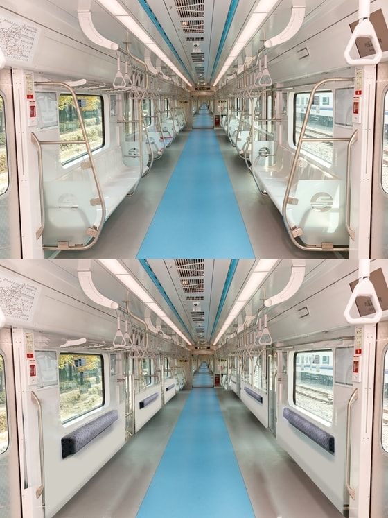 서울 지하철 4호선 전동차 객실 의자 개량 전(위 사진)과 후의 모습. (서울교통공사 제공)