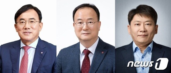 왼쪽부터 정철동 LG디스플레이 신임 사장, 문혁수 LG이노텍 신임 CEO, 김동명 LG에너지솔루션 신임 사장