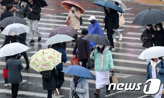 전국 대부분 지역에 비가 내리는 11일 오전 경북 경산시 대학로에서 우산을 쓴 시민들이 발걸음을 재촉하고 있다. 2023.12.11/뉴스1 © News1 공정식 기자