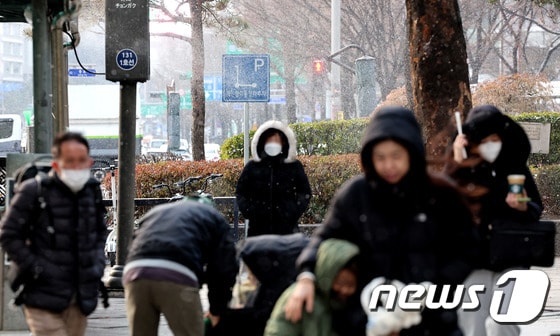 밤사이 기온이 떨어지며 영하권 날씨를 보인 지난 16일 오전 서울 종로구 종로에 눈이 내리고 있다. 기상청은 기온이 점차 떨어져 17일부터 영하10도 이하의 강추위가 이어질 것이라고 예보했다. /뉴스1 © News1 장수영 기자