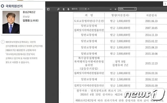 충남 홍성·예산 김영호 예비후보 전과 기록. (중앙선관위 누리집 갈무리) /뉴스1