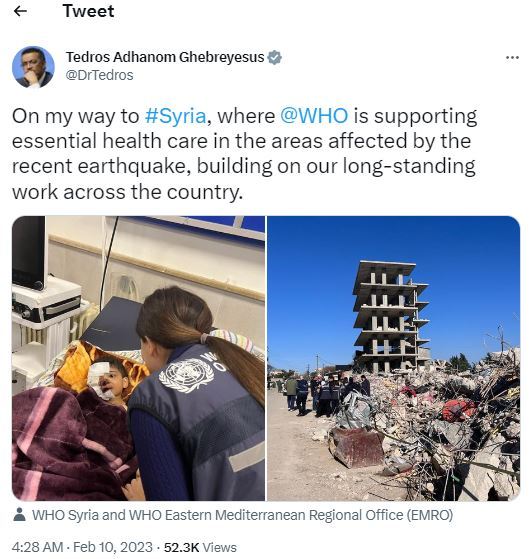 10일 테워드로스 아드하놈 거브러여수스 세계보건기구(WHO) 사무총장이 시리아로 향하고 있다며 올린 트위터 게시글 갈무리. 