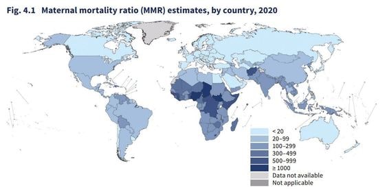 23일(현지시간) 유엔 등이 조사한 모성 사망률 세계 지도 갈무리 (출처 유엔)