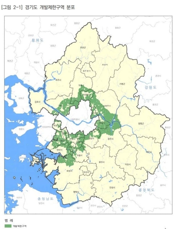 경기도 전체 면적의 약 11%가 개발제한구역으로 지정된 것으로 나타났다. 사진은 도내 개발제한구역 지정 분포도./