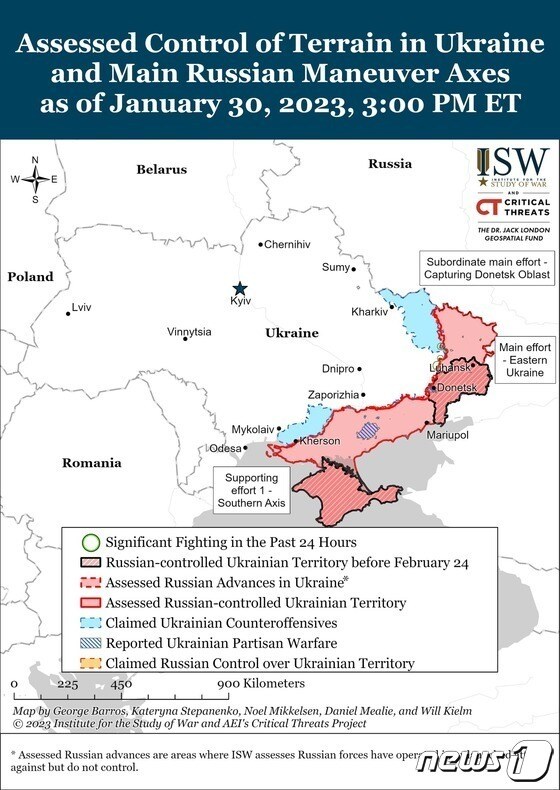 미 전쟁연구소(ISW)가 시각화 한 2023년 1월 30일 기준 우크라이나 전황.