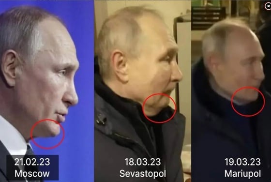 안톤 게라슈첸코 우크라이나 내무장관 보좌관은 자신의 트위터에 각기 다른 날짜에 찍힌 푸틴으로 추정되는 인물 3명의 사진과 함께 