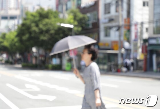 울산대학교사거리에서 시민이 뜨거운 햇빛을 피해 양산을 쓰고 횡단보도를 지나고 있다./뉴스1 © News1 김지혜 기자