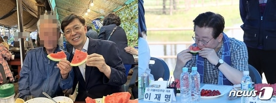 이재명 더불어민주당 대표와 친명계인 현근택 민주연구원 부원장이 수박을 먹는 모습. (SNS 갈무리) © 뉴스1 
