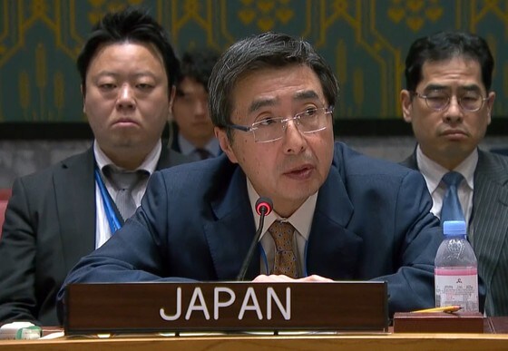 이시카네 기미히로 주유엔 일본 대사가 2일(현지시간) 북한 비확산 문제를 논의하기 위해 열린 유엔 안전보장이사회(안보리) 공개회의에서 발언을 하고 있다. 사진은 유튜브 화면 캡처.