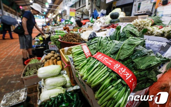 23일 서울 시내 한 재래시장에서 시민들이 채소류를 살펴보는 모습. 2023.7.23/뉴스1 © News1 김도우 기자