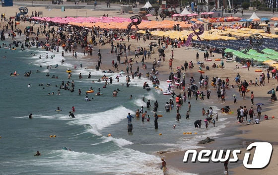 지난 6일 부산 해운대해수욕장에서 피서객들이 물놀이를 하고 있다.  2023.8.6/뉴스1 © News1 윤일지 기자