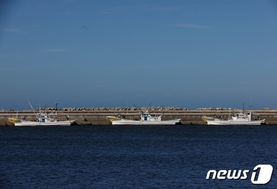 31일 일본 후쿠시마 제1 원자력 발전소에서 약 45㎞ 떨어진 소마시의 항구에 어선들이 정박 중이다. 2023.08.31/ © 로이터=뉴스1 © News1 권진영 기자