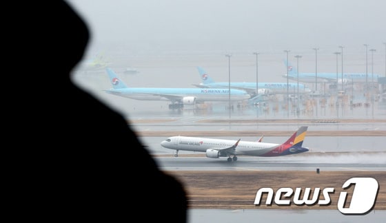 인천국제공항 계류장에 세워진 대한항공 항공기 앞으로 아시아나 항공기가 이륙하고 있다. 2024.1.14/뉴스1 © News1 장수영 기자