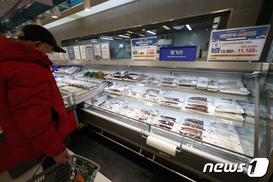 23일 한국은행에 따르면 지난해 12월 생산자물가지수는 121.19(2015년=100)로 11월(121.02)보다 0.1% 올랐다. 품목별 전월 대비 등락률을 보면 농림수산품이 4.9% 상승했다. 특히 연말 수요 증가·작황 부진 등으로 딸기가 154.1%, 사과는 17.4% 올랐고, 어획량 감소로 물오징어도 42.6% 올랐다. 사진은 이날 오후 서울 시내 대형마트 수산물 코너 모습. 2024.1.23/뉴스1 © News1 김민지 기자