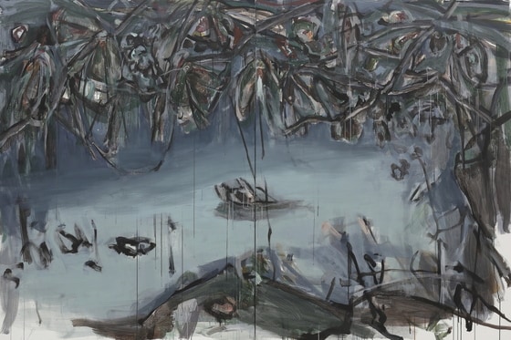장재민 JANG Jaemin, 깊은 웅덩이 끝 Edge of a Deep Puddle, 2023, 캔버스에 아크릴릭 구아슈 Acrylic gouache on canvas, 200 x 150cm (2), 200 x 300cm (전체). 학고재 제공.
