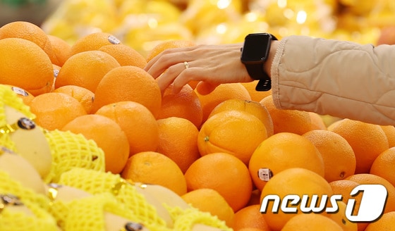 서울 시내 한 마트에서 한 시민이 오렌지를 구매하고 있다. 2024.3.24/뉴스1 © News1 김성진 기자