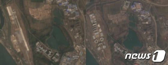 왼쪽 사진은 2023년 4월10일 촬영한 북한 백화원 비행장 부지, 오른쪽 사진은 2024년 3월15일 촬영한 북한 백화원 비행장 부지. 1년여 사이 비행장이 헐리고 새로운 건물들이 들어선 모습이다. (출처=센티넬 위성) 2024.4.1./뉴스1