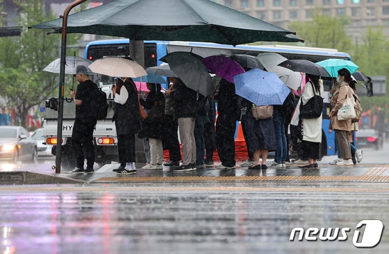 전국 대부분 지역에 비가 예보된 15일 오전 서울 광화문광장에서 우산을 쓴 시민들이 발걸음을 옮기고 있다. 2024.4.15/뉴스1 © News1 김도우 기자