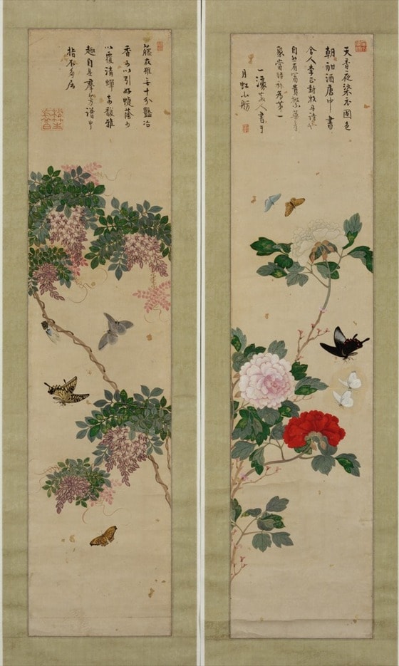 <꽃과 나비花蝶圖>, 남계우南啓宇(1811-1890), 조선 19세기, 2폭 족자, 종이에 색, 덕수2312.