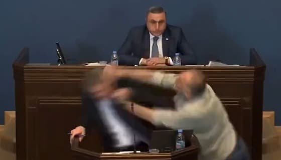 조지아 의회에서 '외국 대리인법' 입법에 관한 논의가 이루어지던 중 한 야당 의원이 여당 대표의 얼굴을 가격하는 사건이 일어났다. <출처=엑스 갈무리>