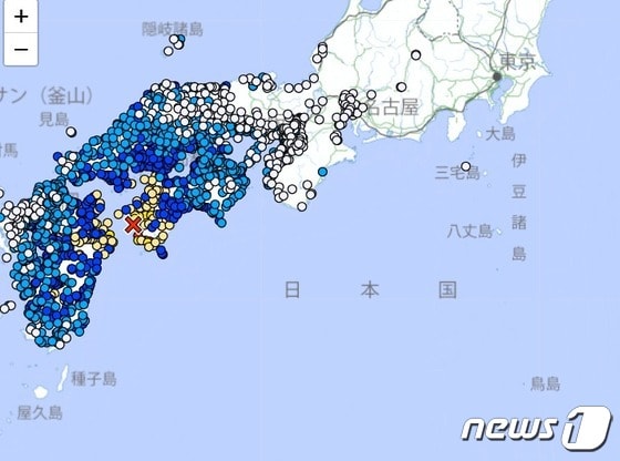 현지시간 17일 오후 11시 14분께 일본 오이타현 오이타시 동쪽 74km 해역에서 규모 6.4의 지진이 발생했다.  (일본 기상청)