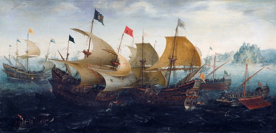 영국 해군의 스페인 카디즈항 급습(출처: Aert Anthoniszoon, 회화(1608), Wikimedia Commons, Public Domain)