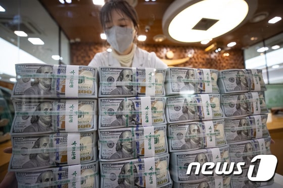 서울 중구 하나은행 위변조대응센터에서 직원이 달러화를 정리하고 있다.  © News1 유승관 기자