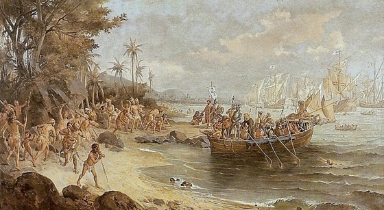 페드루 알바르스 카브랄의 포르투 세구루 상륙(출처: Oscar Pereira da Silva, 유화(1902), Wikimedia Commons, Public Domain)