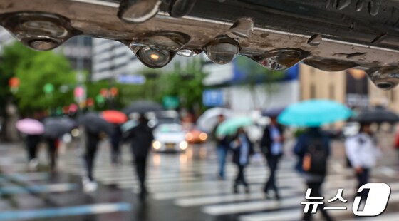 전국 대부분 지역에 비가 예보된 24일 오전 서울 종로구 세종대로사거리에서 우산을 쓴 시민들이 발걸음을 옮기고 있다. 2024.4.24/뉴스1 © News1 김도우 기자