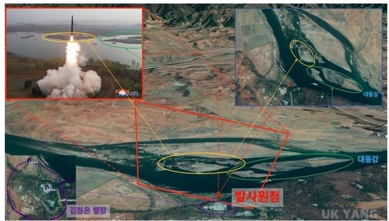  지난해 7월 12일 북한의 ICBM 화성-18형 시험발사 지점을 분석한 양욱 아산정책연구원 연구위원의 자료.(양욱 위원 제공)