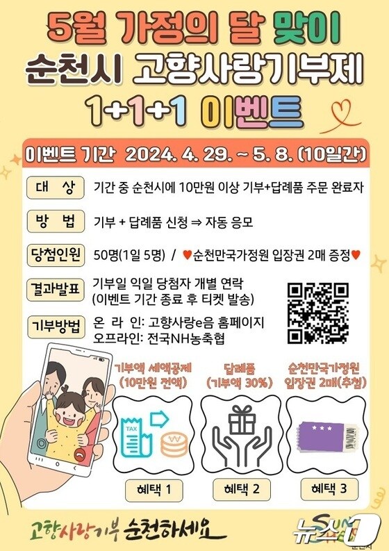 순천 고향사랑기부제 1+1+1 이벤트 홍보 포스터.(순천시 제공)2024.4.26/뉴스1