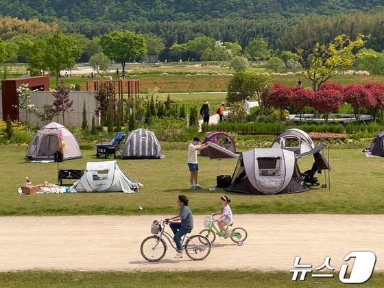 28일 울산 중구 태화강국가정원에서 시민들이 텐트를 쳐서 소풍을 즐기거나 자전거를 타며 주말을 보내고 있다. 2024.4.28/뉴스1 © News1 김세은 기자