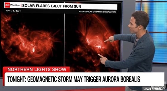 10일(현지시간) 미(美) CNN 방송에서 거대한 '태양 폭풍'과 그 영향에 대해 보도하고 있다. (CNN 방송 화면 갈무리/뉴스1) 2024.05.11 