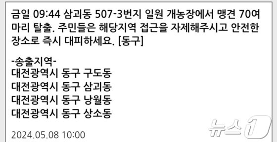  8일 오전 10시께 대전 동구의 한 개농장에서 맹견 70마리가 탈출했다는 재난문자가 발송됐으나 사실이 아닌 것으로 확인됐다. /뉴스1