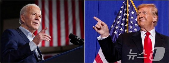 지난 3월 미국 네바다주 라스베이거스에서 연설을 하고 있는 조 바이든 미국 대통령(사진 좌측)과 공화당 대선 후보이자 도널드 트럼프 전 미국 대통령(사진 우측)이 앳킨슨 유세 집회에서 무대에 오르는 모습. © 로이터=뉴스1 © News1 류정민 기자