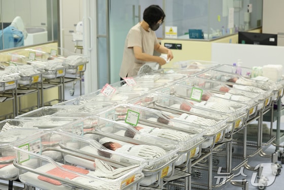 저출생 문제가 심각해 정부가 대책에 고심인 가운데 19일 인천 미추홀구 아인병원에 마련된 신생아실에서 신생아들이 휴식을 취하고 있다. 2024.6.19/뉴스1 © News1 신웅수 기자